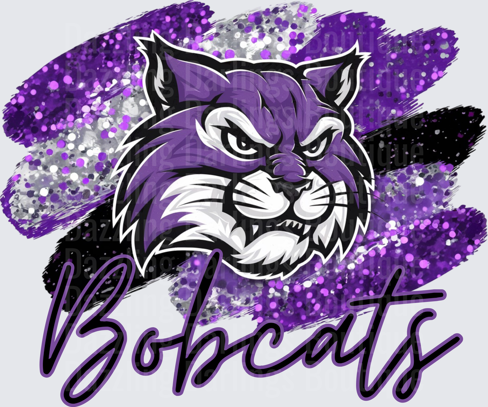 Purple Glitter Bobcats Mascot Script Brushstroke Design