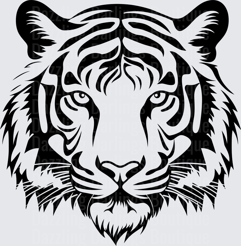 Bold Black and White Tiger Face Front View Tribal Art