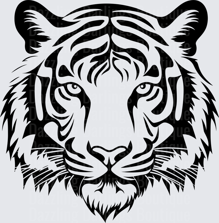Bold Black and White Tiger Face Front View Tribal Art