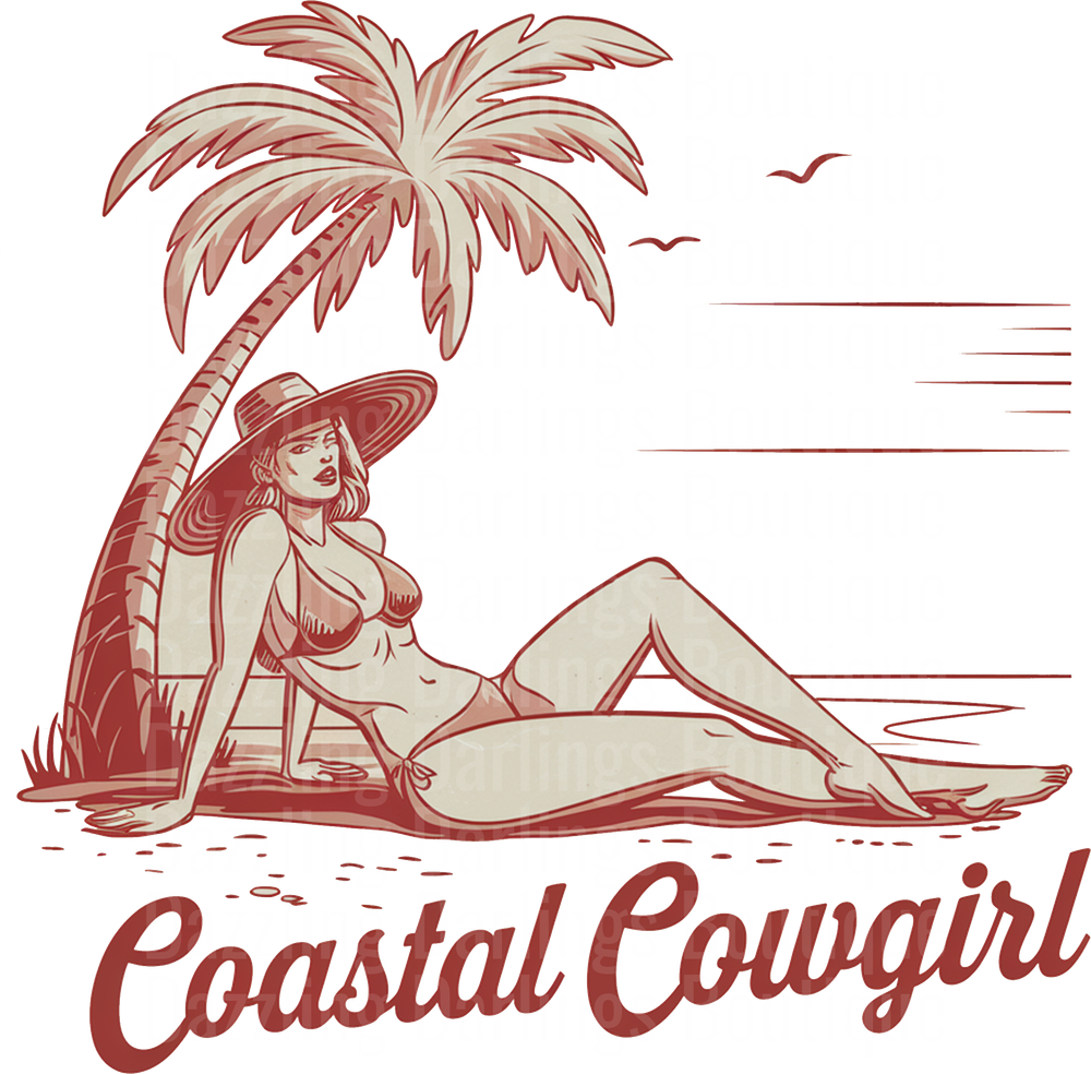 Coastal Cowgirl Pin-Up Girl with Palm Tree Beach Scene