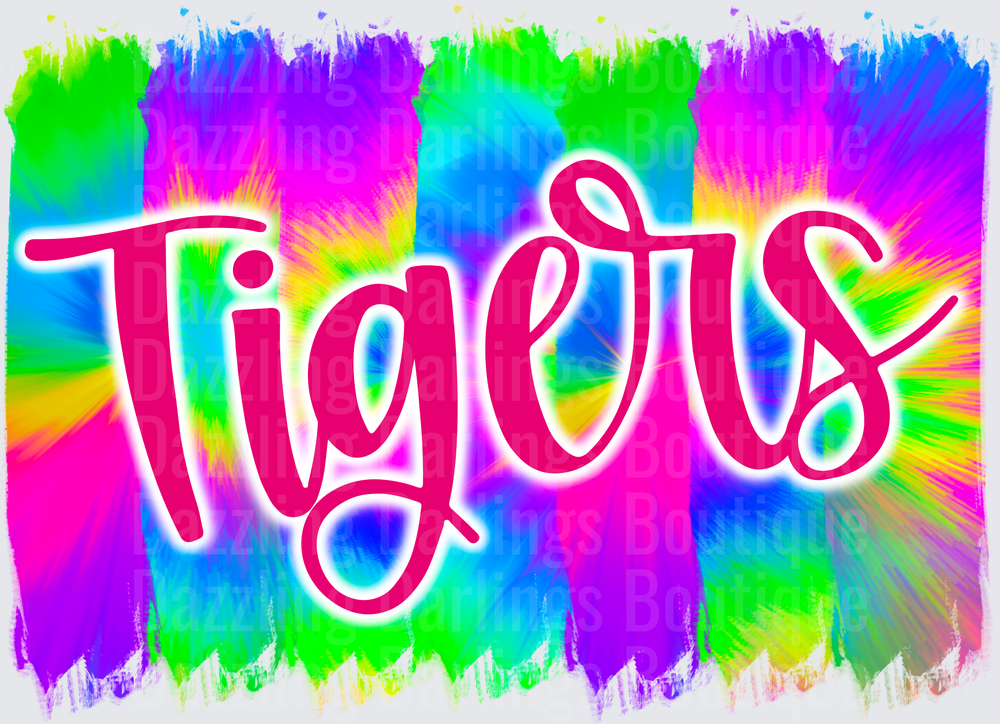 Tigers Script Lettering Colorful Tie Dye Background