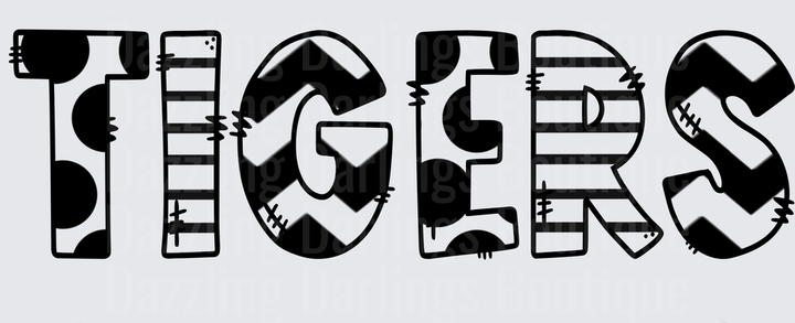 Tigers Mixed Pattern Bold Letters Black White Patchwork