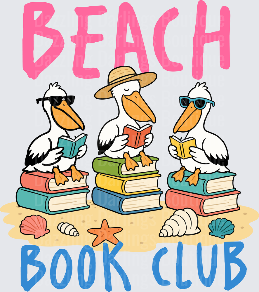 Beach Book Club Pelicans Reading on Sand with Seashells