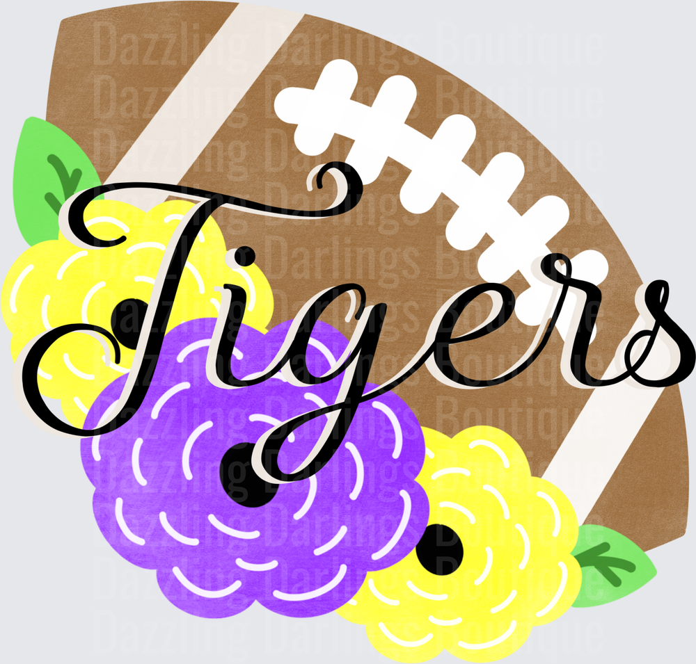 Tigers Football Floral Purple Yellow Script Design