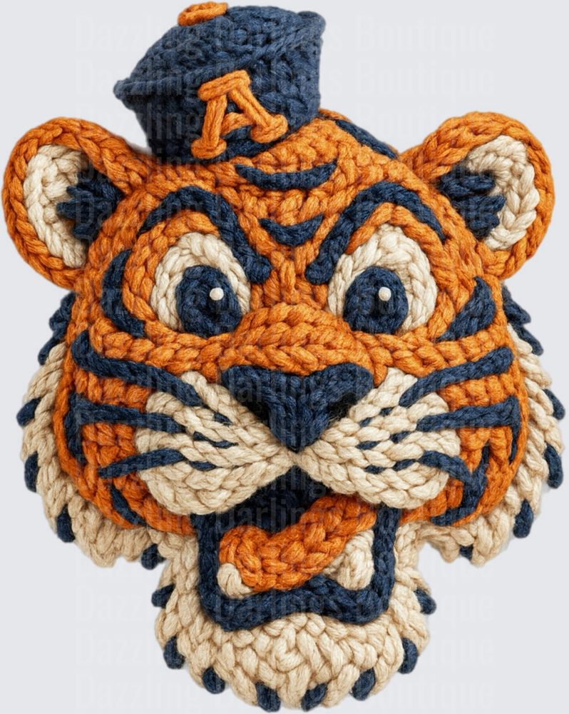 Aubie Tiger Mascot Crochet Knit Style Portrait Navy Orange
