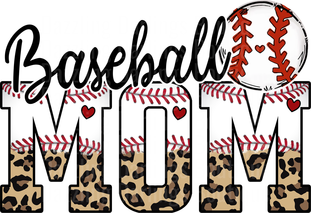 Baseball MOM Leopard Print Letters with Red Hearts Design