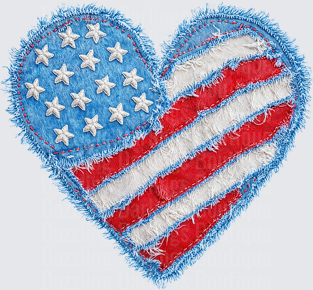 Distressed Denim Patch American Flag Heart with Frayed Edges
