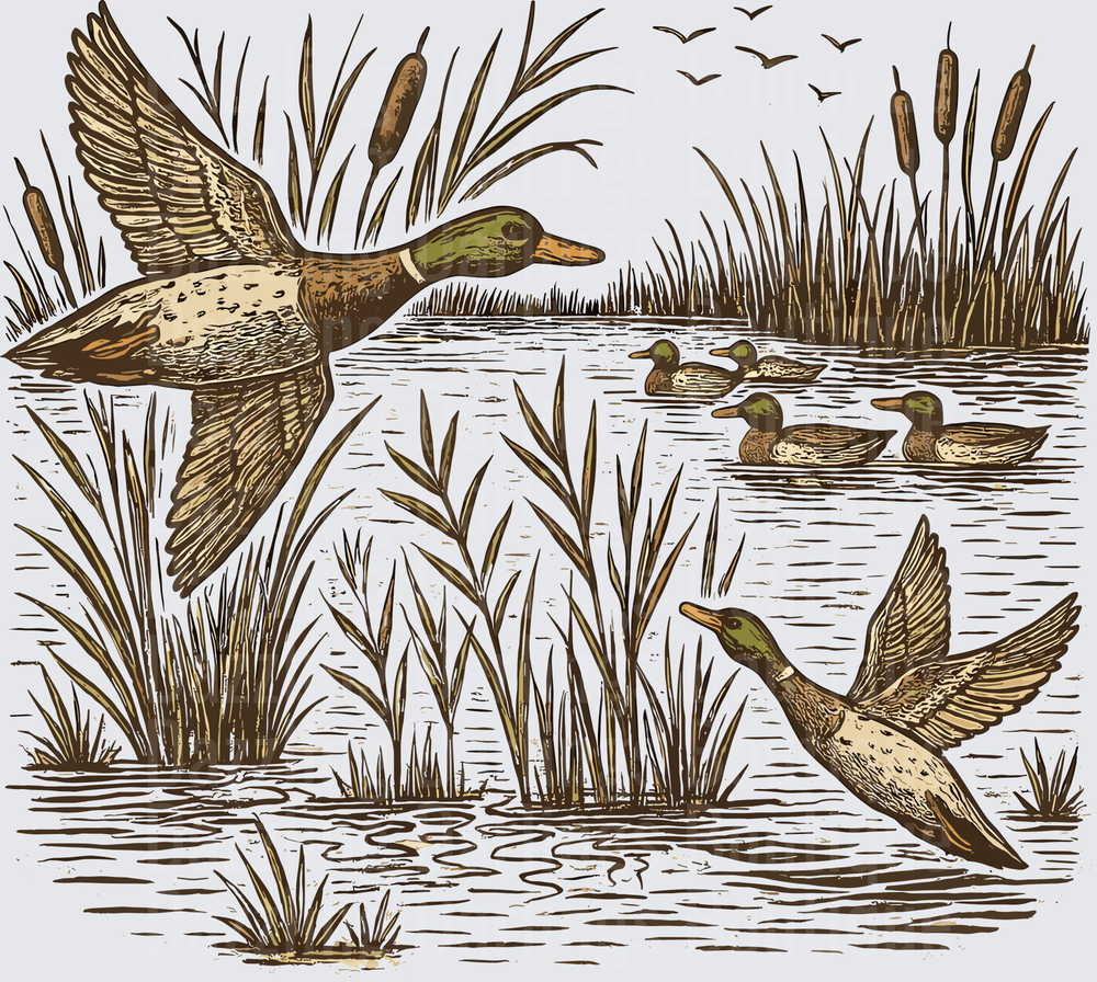 Mallard Ducks Flying Over Marsh Wetlands Vintage Engraving