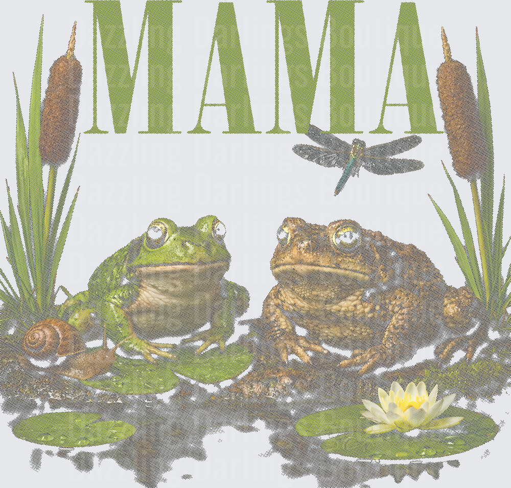MAMA Frog with Baby Frog Pond Scene with Dragonfly and Cattails