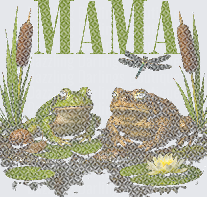 MAMA Frog with Baby Frog Pond Scene with Dragonfly and Cattails