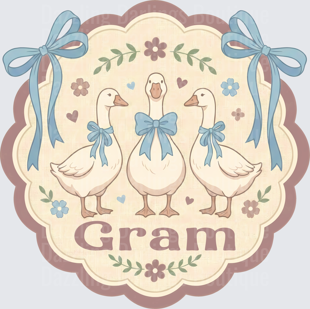 Three Geese with Blue Bows Gram Floral Folk Art Design