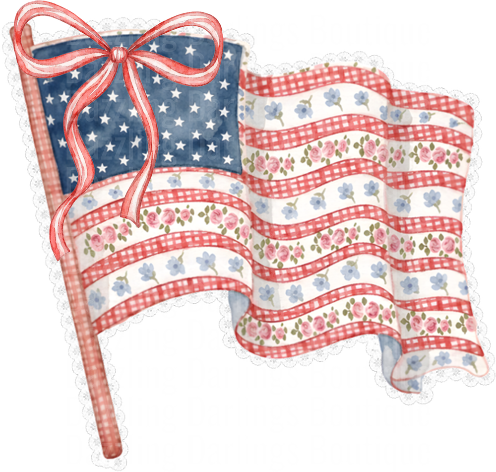 Vintage Floral American Flag with Red Gingham Ribbon Bow