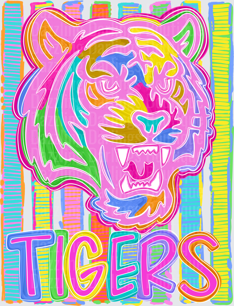 Neon Retro Tigers Mascot Roaring Rainbow Stripe