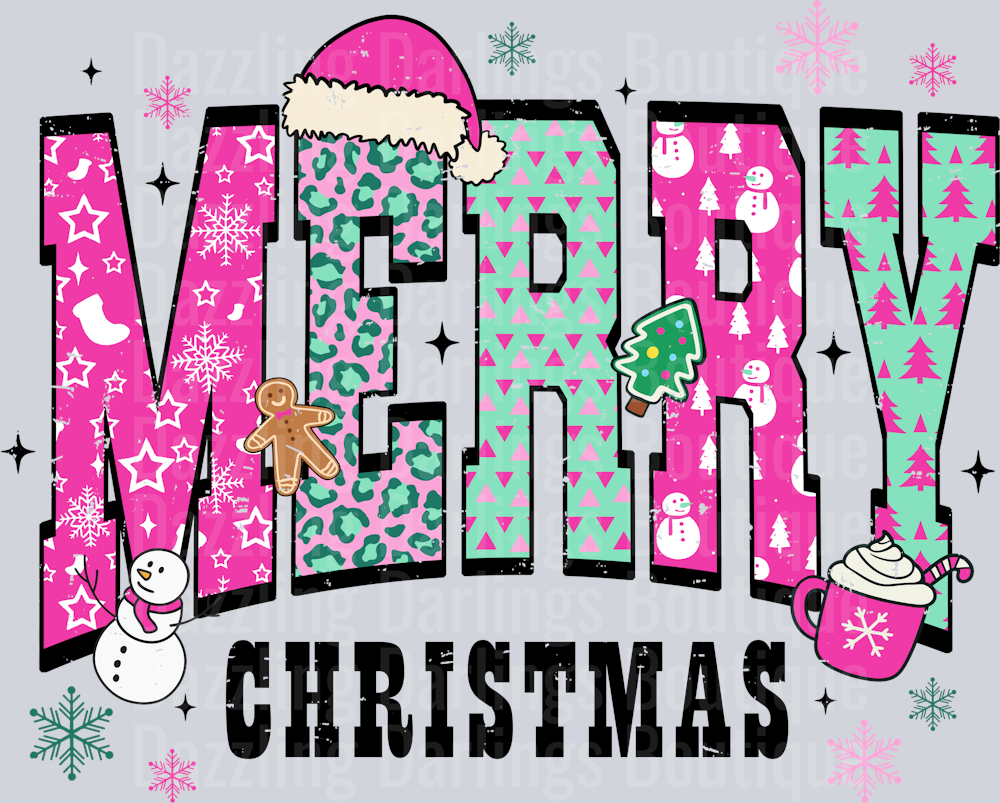 Merry Christmas Pink Teal Patterned Letters Snowman