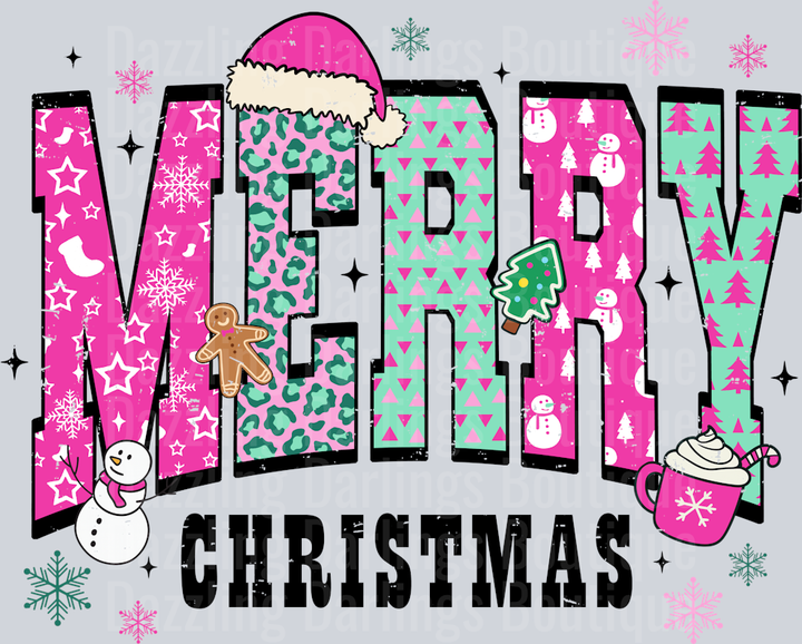 Merry Christmas Pink Teal Patterned Letters Snowman