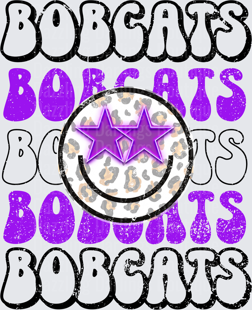 Bobcats Stacked Retro Bubble Letter Purple Leopard Smiley