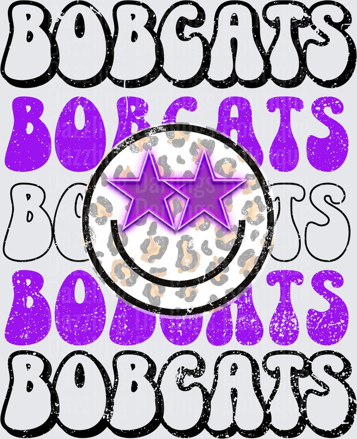 Bobcats Stacked Retro Bubble Letter Purple Leopard Smiley