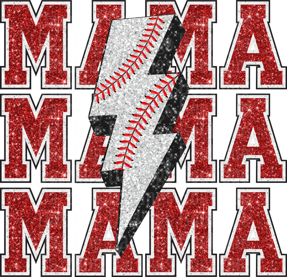 Baseball Lightning Bolt Mama Red Glitter Text Design