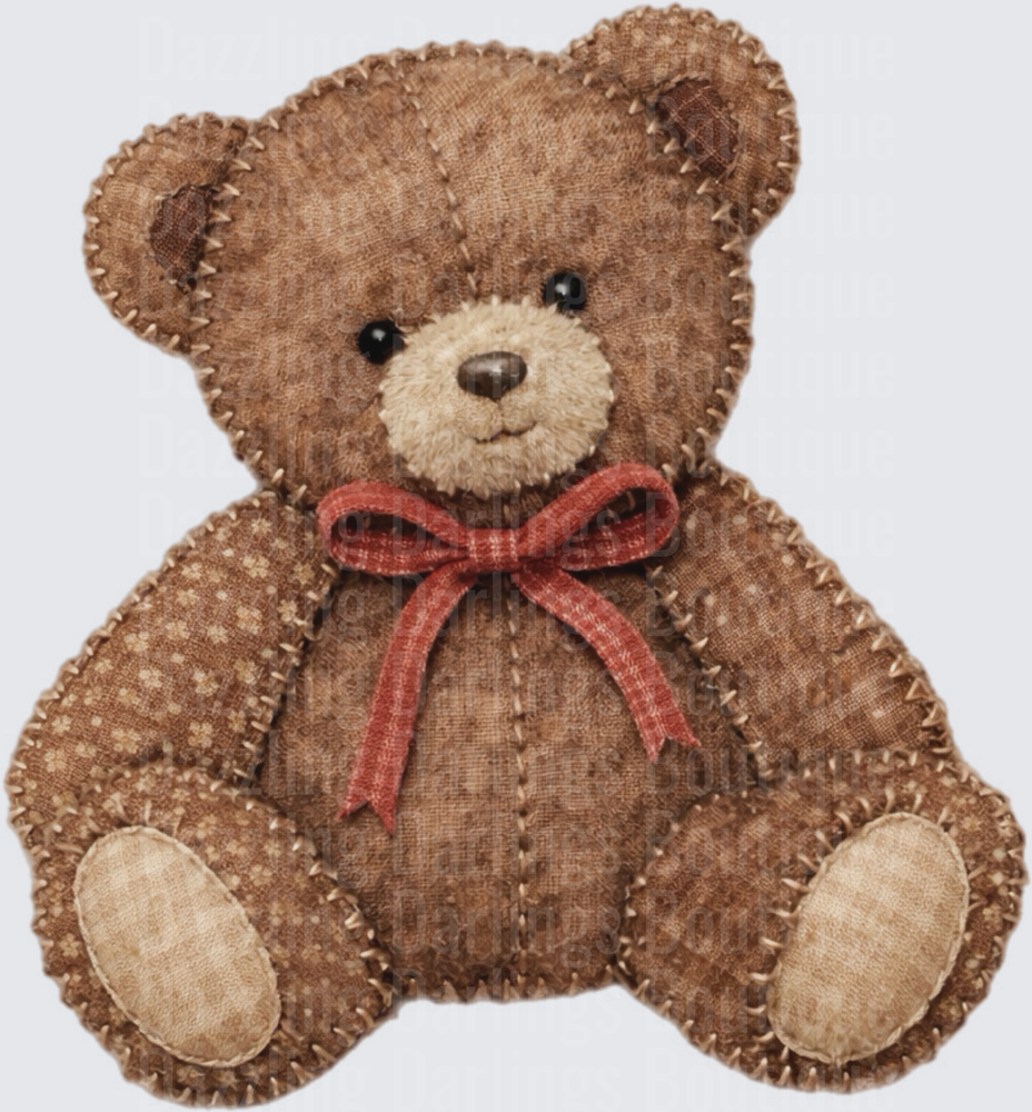 Vintage Patchwork Teddy Bear with Red Ribbon Bow