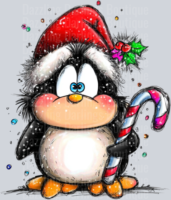 Hand-drawn Christmas Penguin Santa Hat Candy Cane Standing