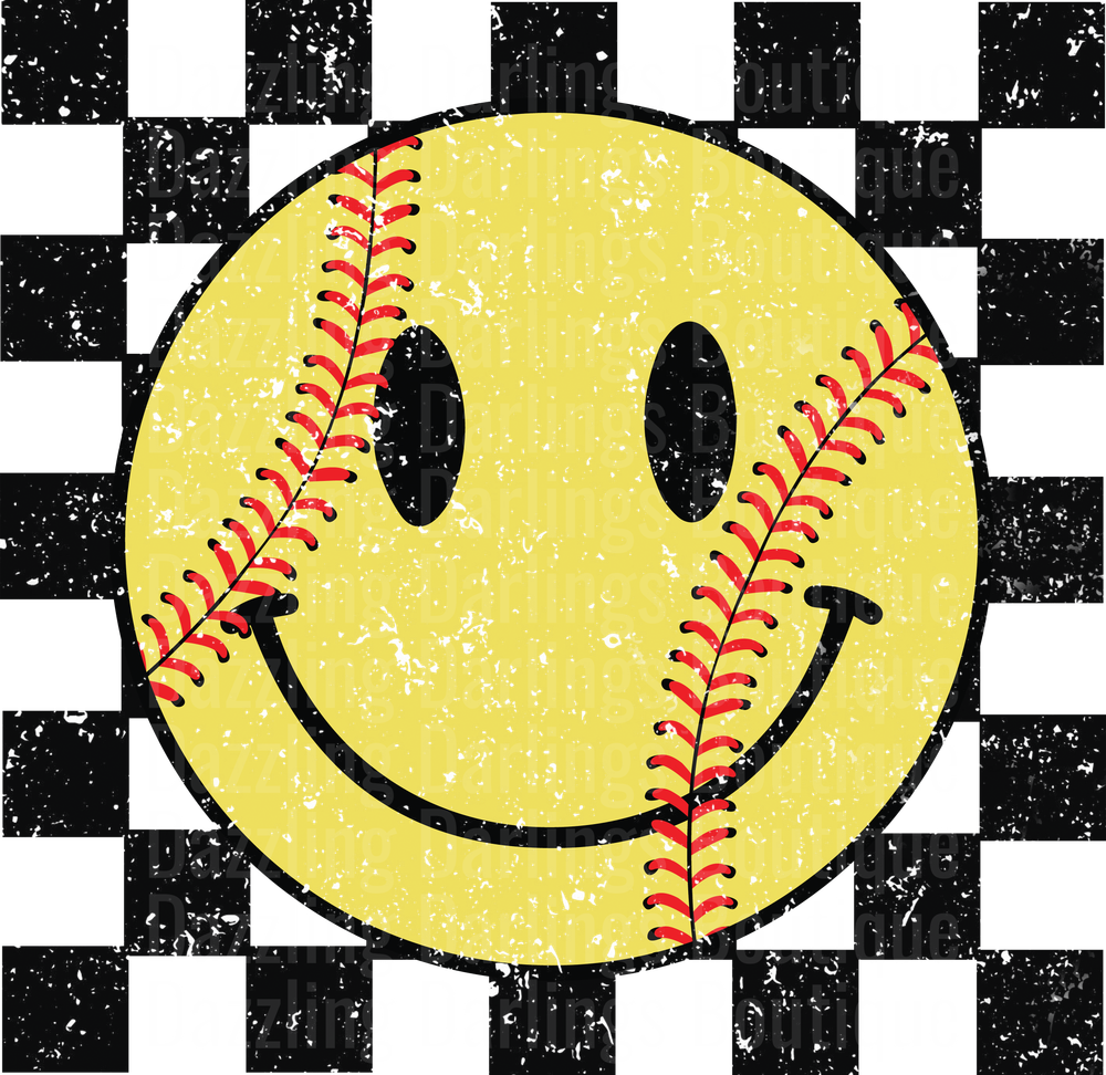 Baseball Smiley Face with Red Stitching on Checkered Background