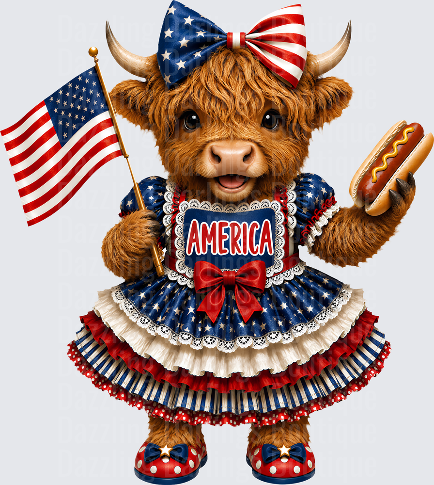 Patriotic Highland Cow in American Flag Dress Holding Hot Dog