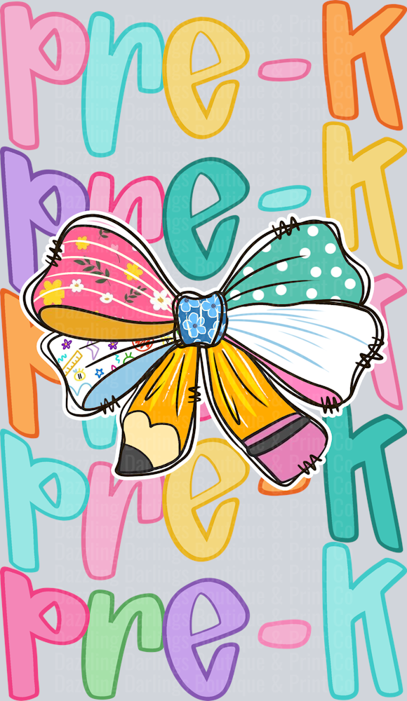 Back To School Teacher Pre-K Rainbow Repeat Text Pencil Bow