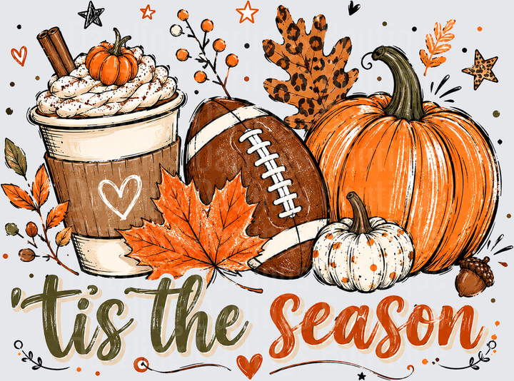 Tis The Season Football Pumpkins Latte Leopard Script