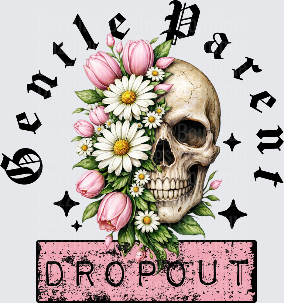 Skull with Pink Tulips and Daisies Dropout Typography Design