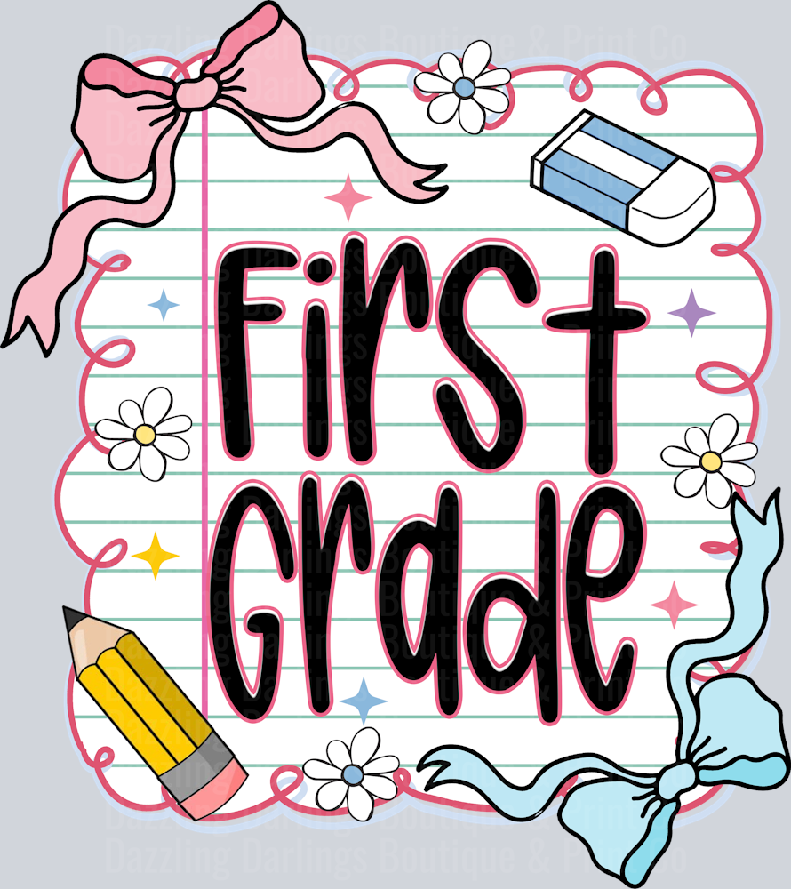 Back To School Transfer First Grade Notebook Paper Pink Bow Pencil