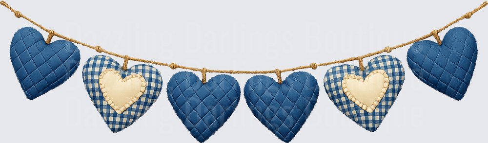 Blue Quilted Hearts Bunting on Rope with Gingham Pattern