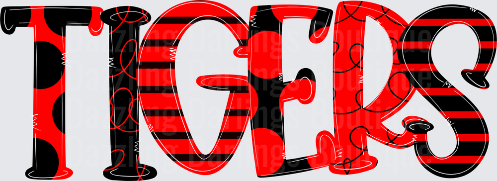 Tigers Red and Black Mixed Pattern Bold Block Letters