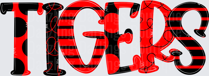 Tigers Red and Black Mixed Pattern Bold Block Letters