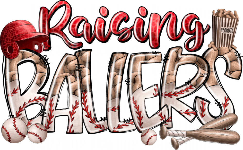Raising Ballers Baseball Typography with Helmet Bat and Peanuts