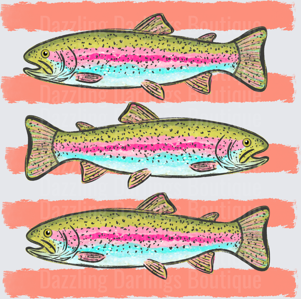 Colorful Rainbow Trout Fish on Coral Striped Background