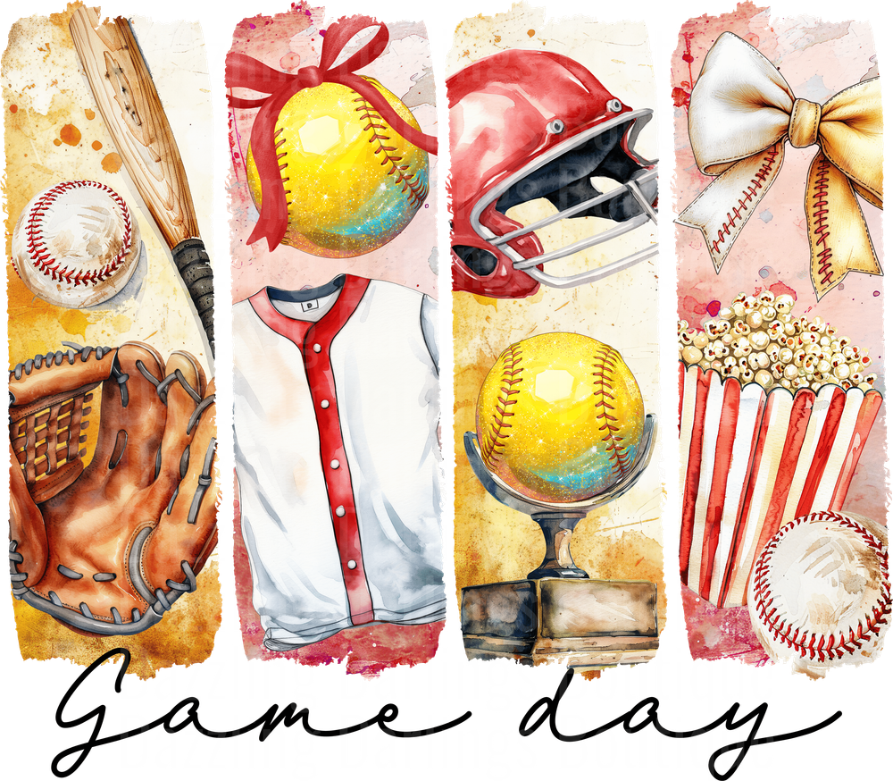 Baseball Game Day Watercolor Equipment Collage