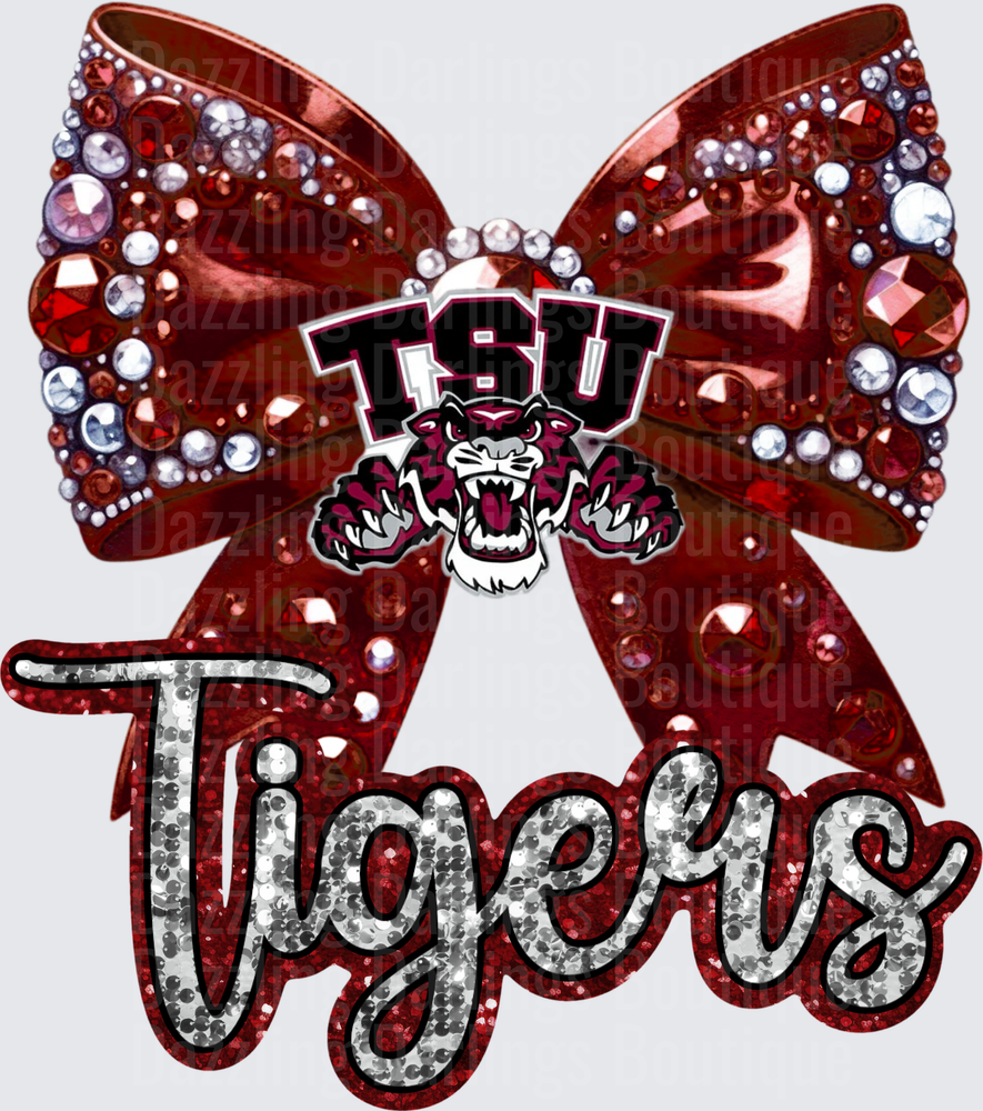 TSU Tigers Rhinestone Bow Glitter Script Logo