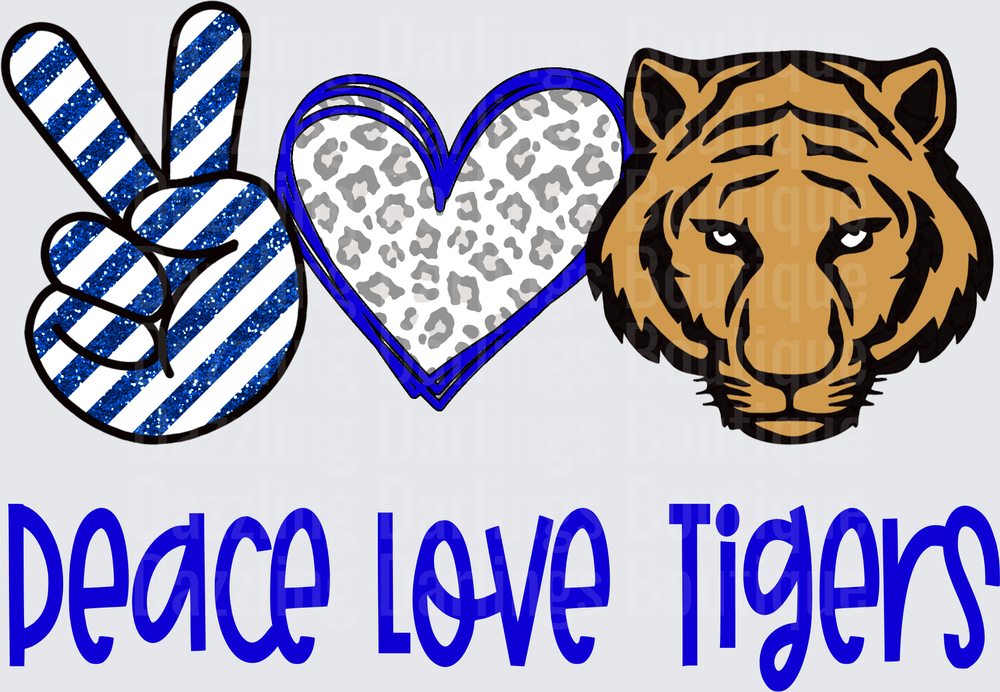 Peace Love Tigers Blue Glitter Leopard Heart Design
