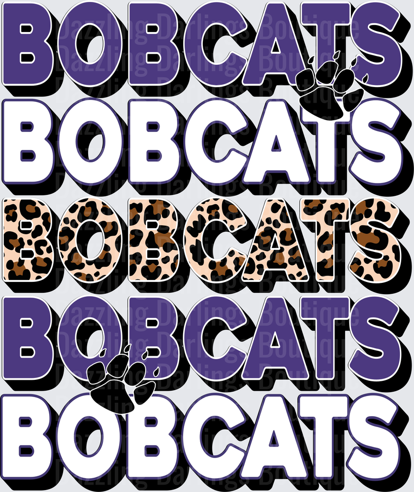 Bobcats Stacked Word Repeat Purple Leopard Print Paw Print