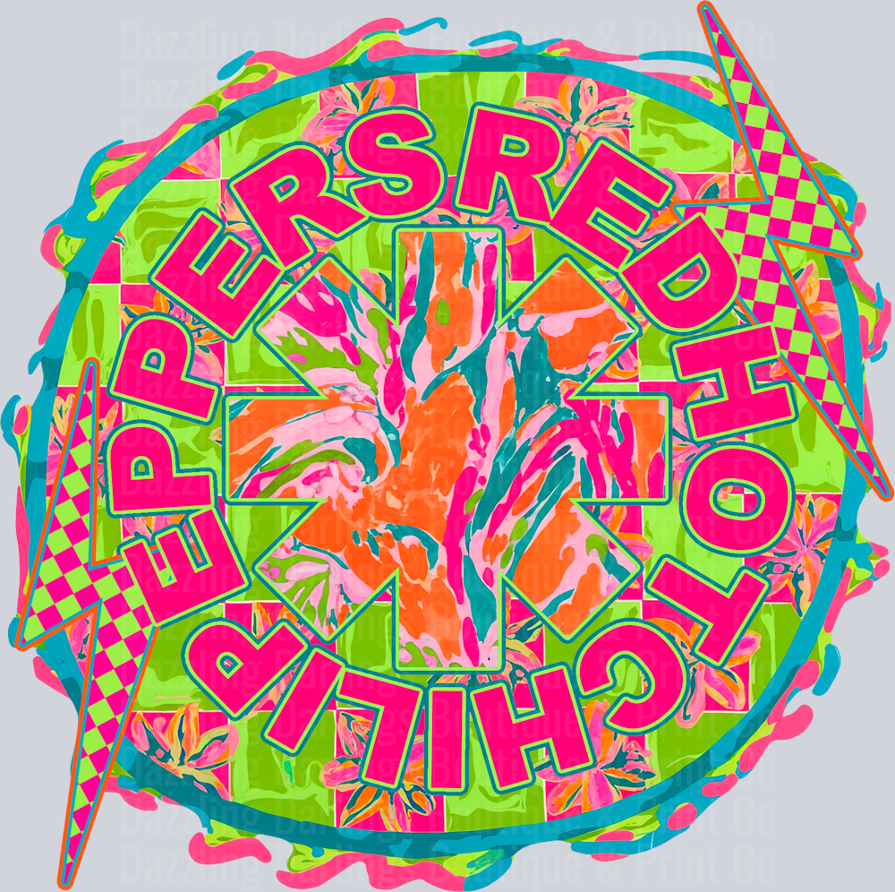 Rock Band Neon Circle Text Badge Checkered