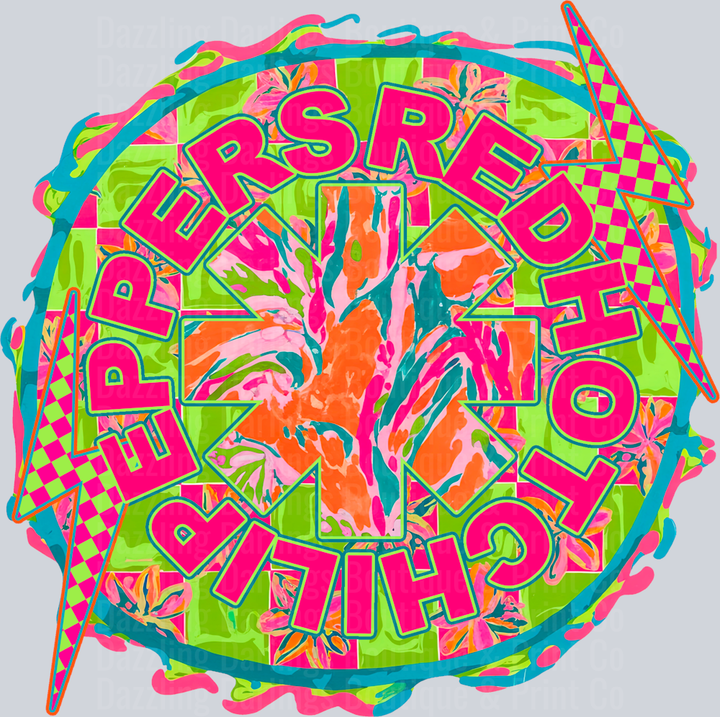 Rock Band Neon Circle Text Badge Checkered