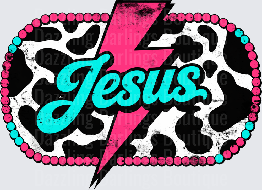 Jesus Lightning Bolt Leopard Print Pearl Border Design