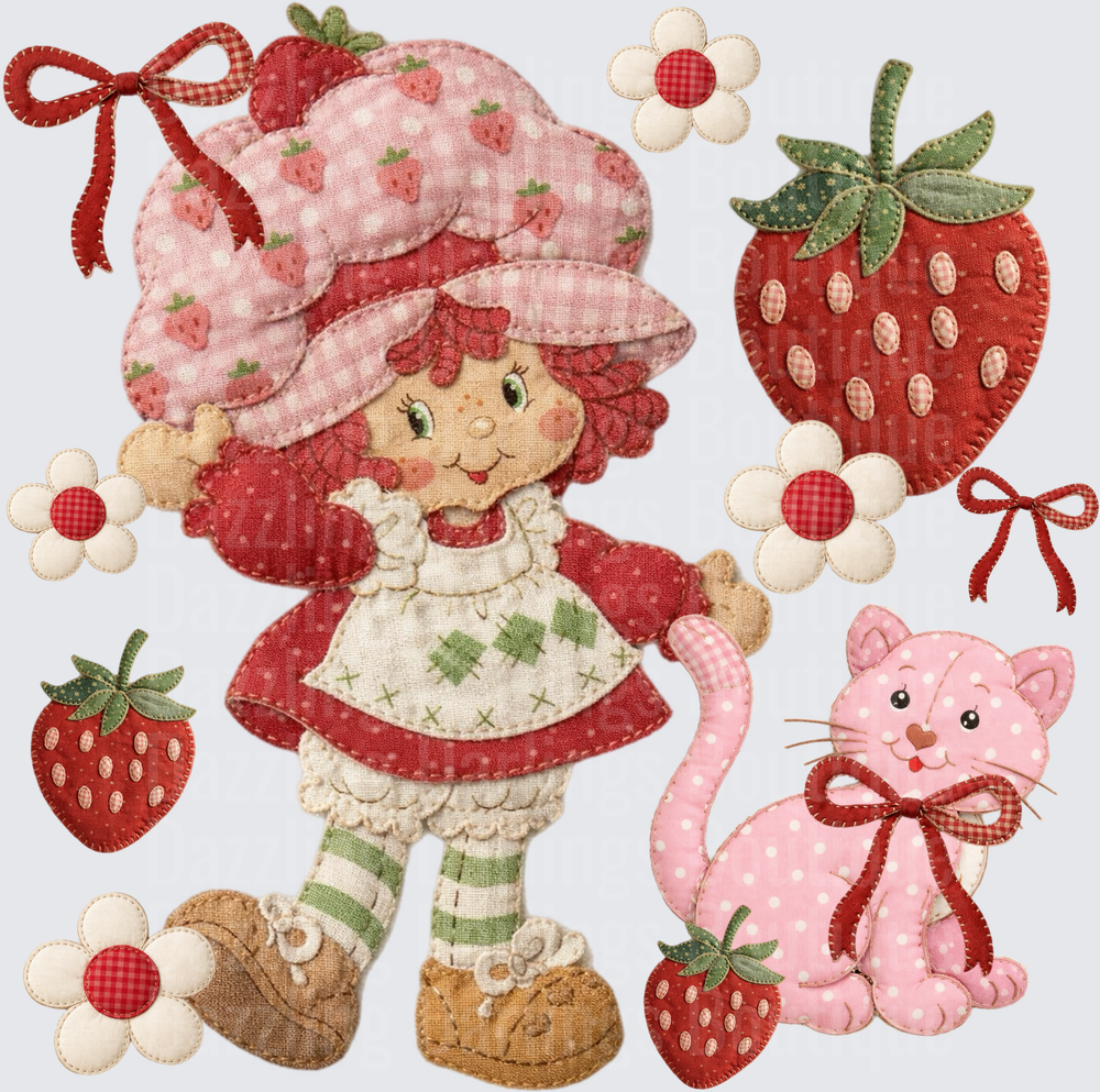Strawberry Shortcake Character with Pink Cat and Strawberries