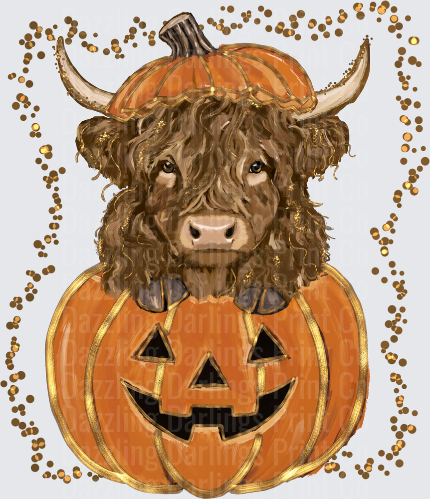 Highland Cow in Jack-o-Lantern with Pumpkin Hat Gold Glitter