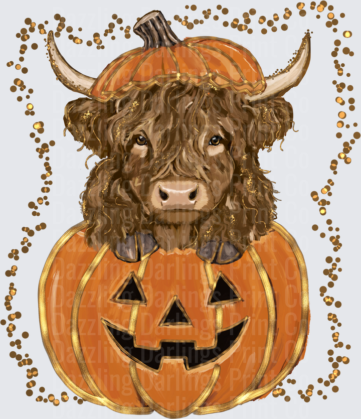 Highland Cow in Jack-o-Lantern with Pumpkin Hat Gold Glitter