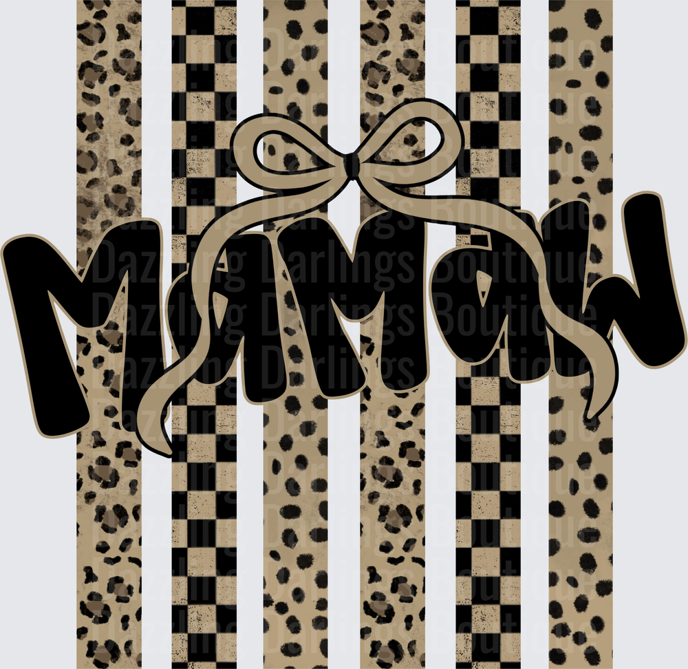Mama with Bow Leopard Print Checkered Stripes Design