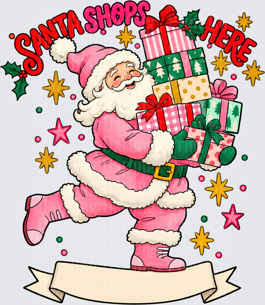 Santa Shops Here Pink Santa Claus Carrying Gifts Banner