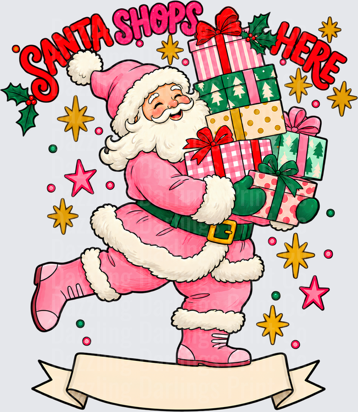 Santa Shops Here Pink Santa Claus Carrying Gifts Banner