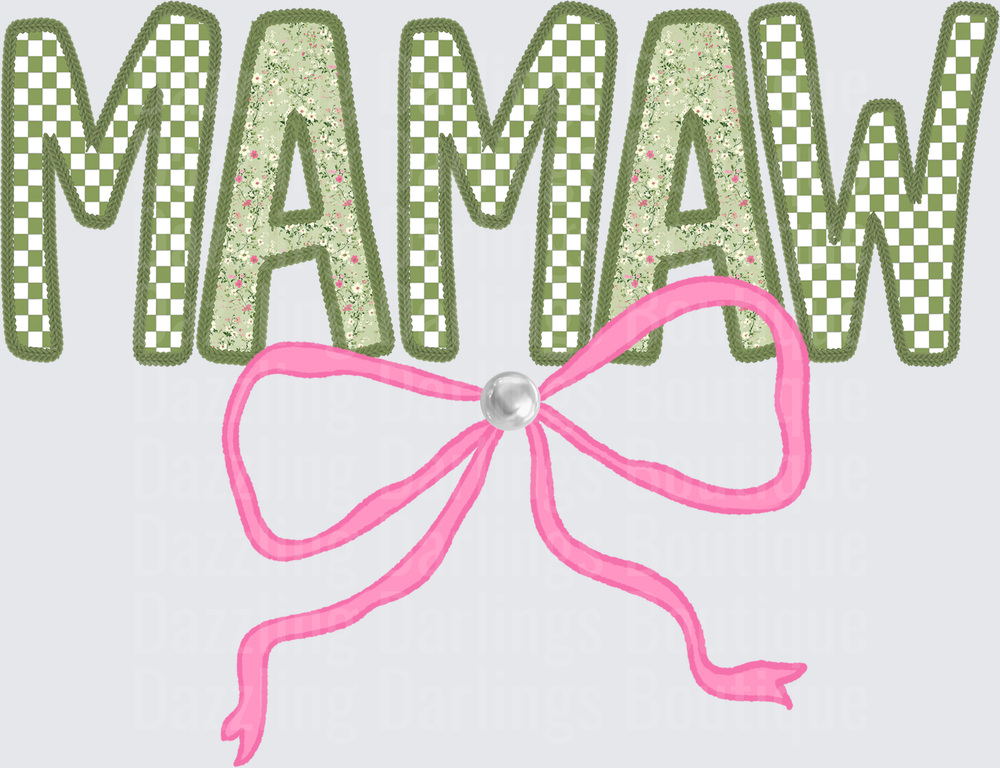 MAMAW Green Checkered Floral Letters with Pink Bow