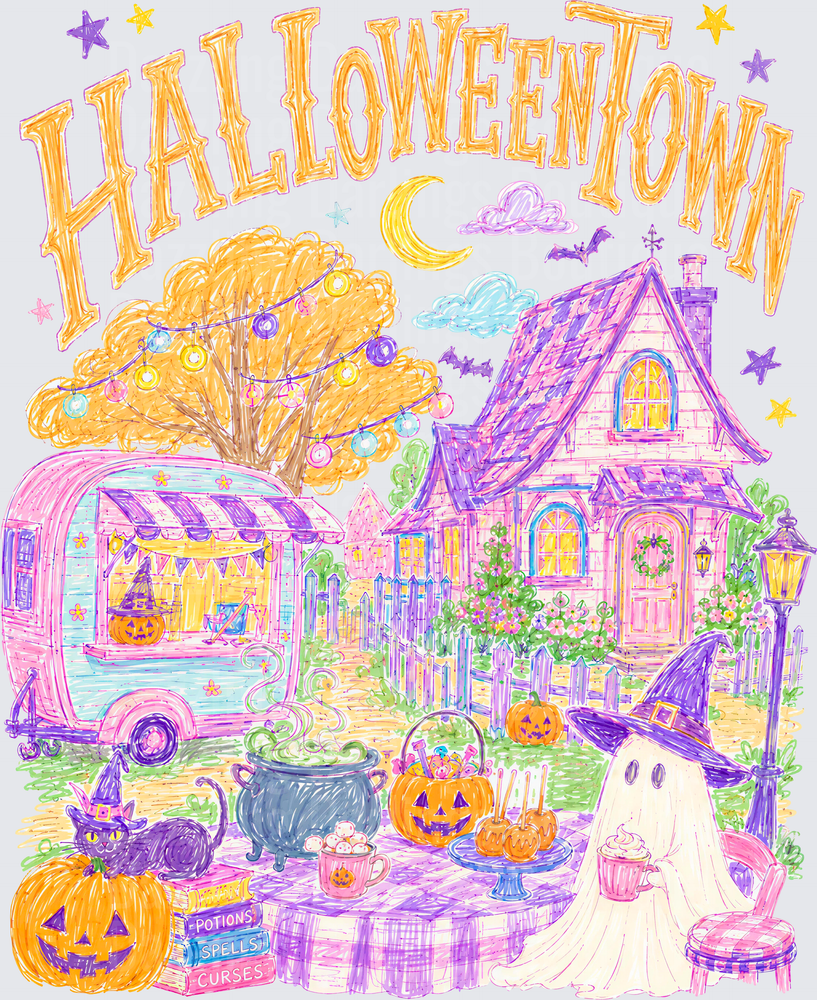 Halloweentown Pastel Whimsical Scene with Ghost and Pumpkins